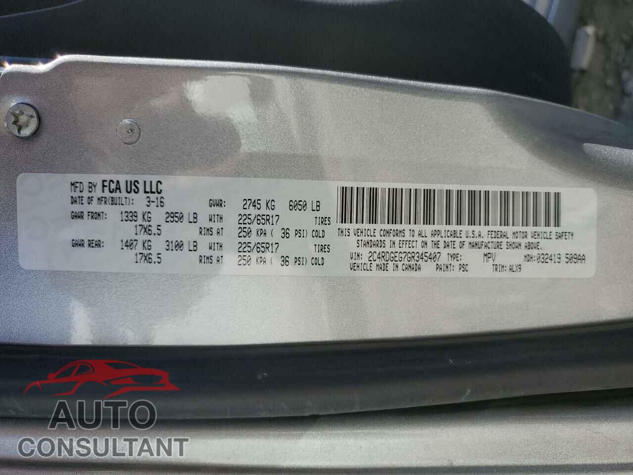 DODGE CARAVAN 2016 - 2C4RDGEG7GR345407