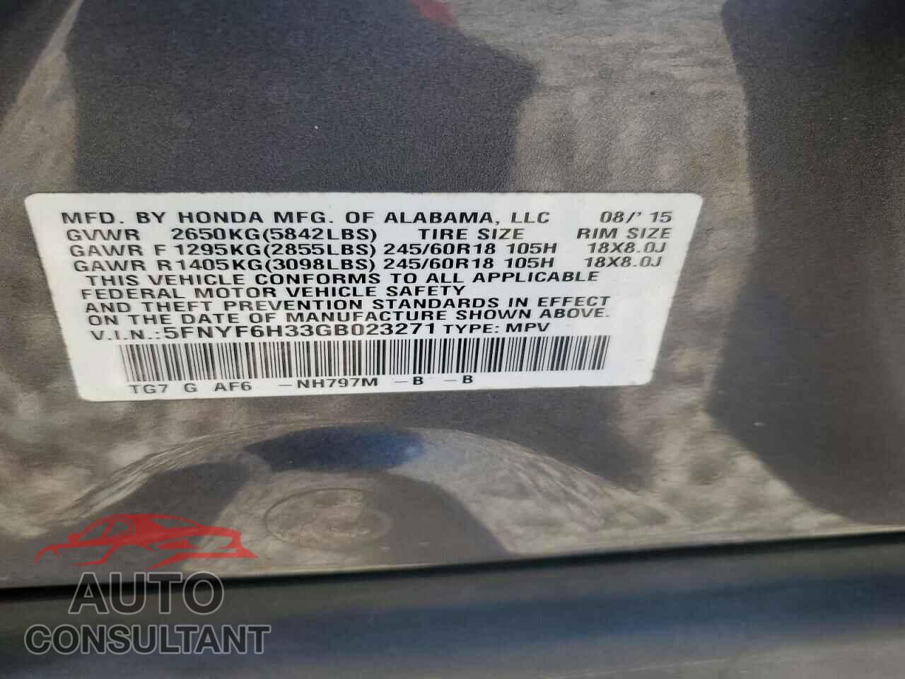 HONDA PILOT 2016 - 5FNYF6H33GB023271