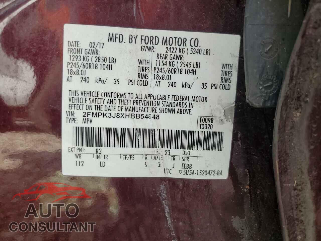 FORD EDGE 2017 - 2FMPK3J8XHBB54848