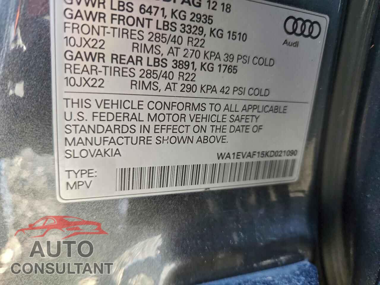 AUDI Q8 2019 - WA1EVAF15KD021090