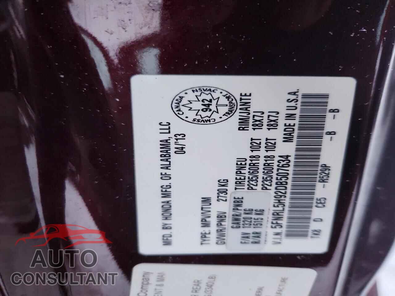 HONDA ODYSSEY 2013 - 5FNRL5H92DB507634