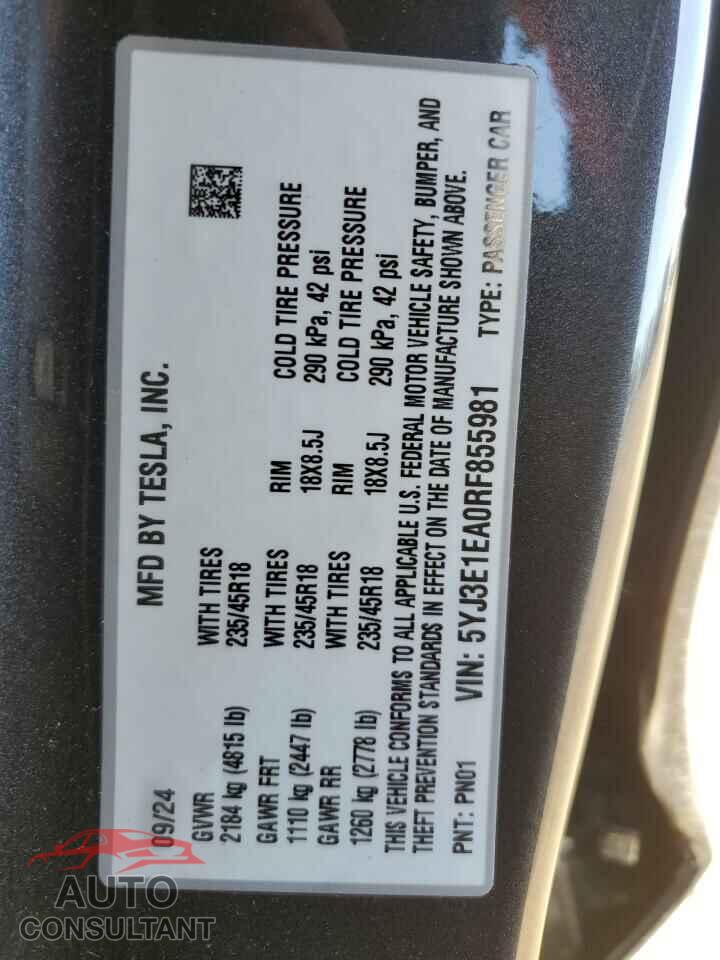 TESLA MODEL 3 2024 - 5YJ3E1EA0RF855981