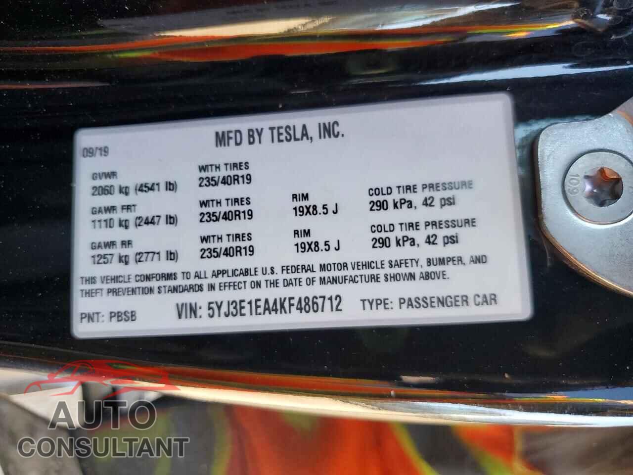 TESLA MODEL 3 2019 - 5YJ3E1EA4KF486712
