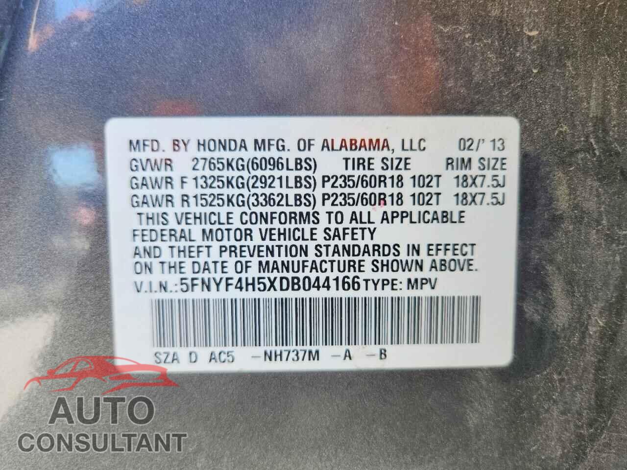 HONDA PILOT 2013 - 5FNYF4H5XDB044166