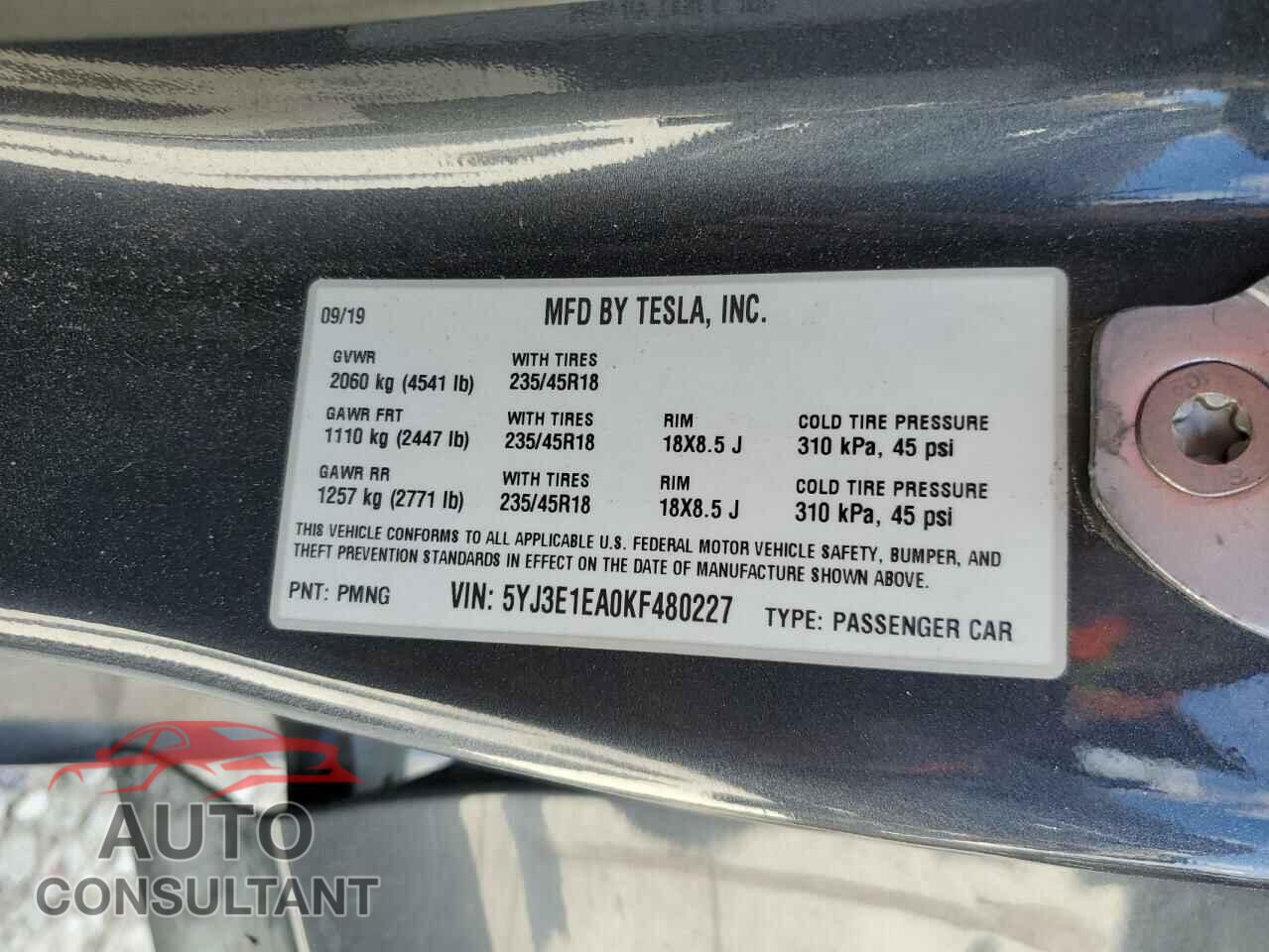 TESLA MODEL 3 2019 - 5YJ3E1EA0KF480227