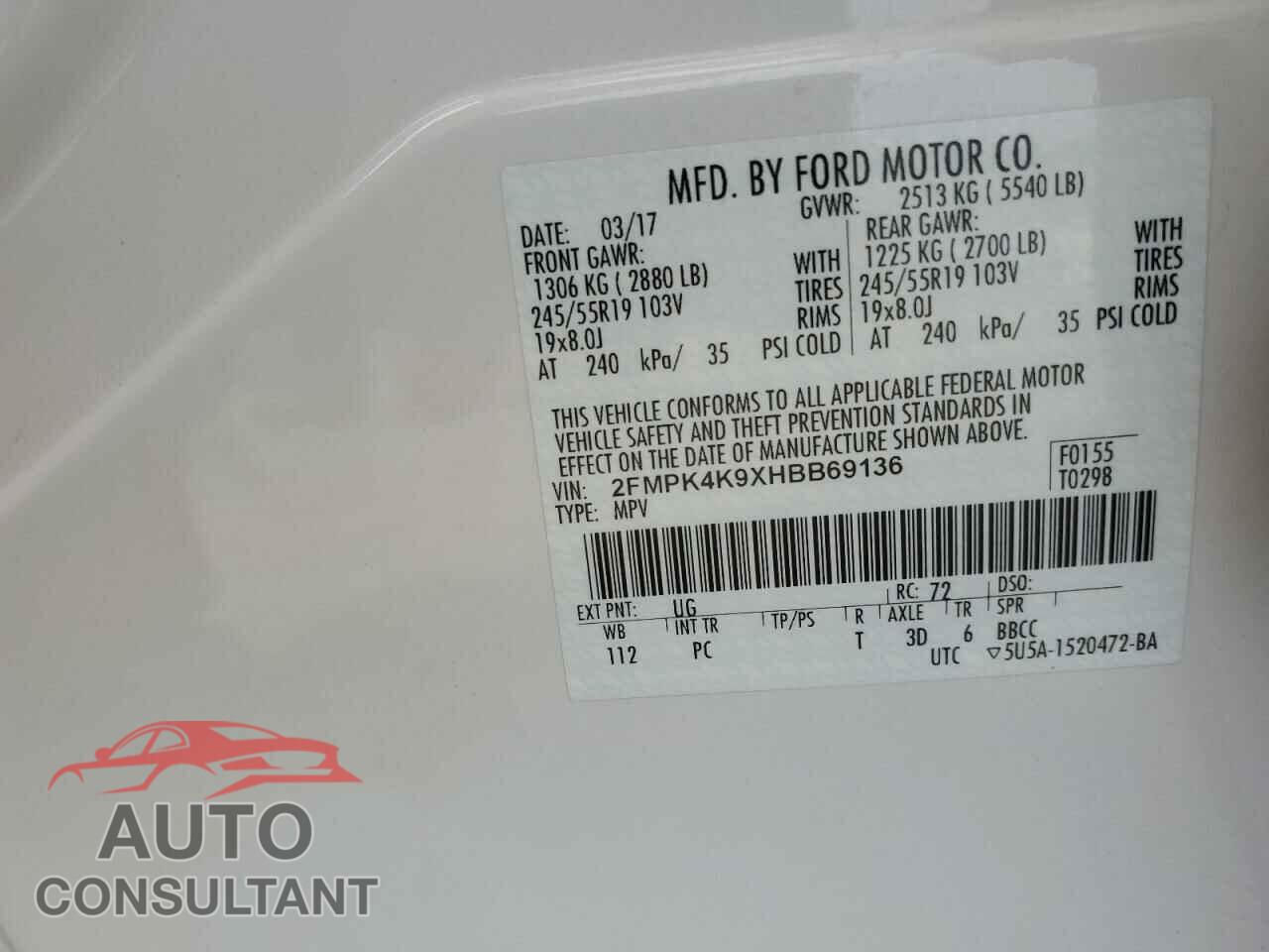 FORD EDGE 2017 - 2FMPK4K9XHBB69136