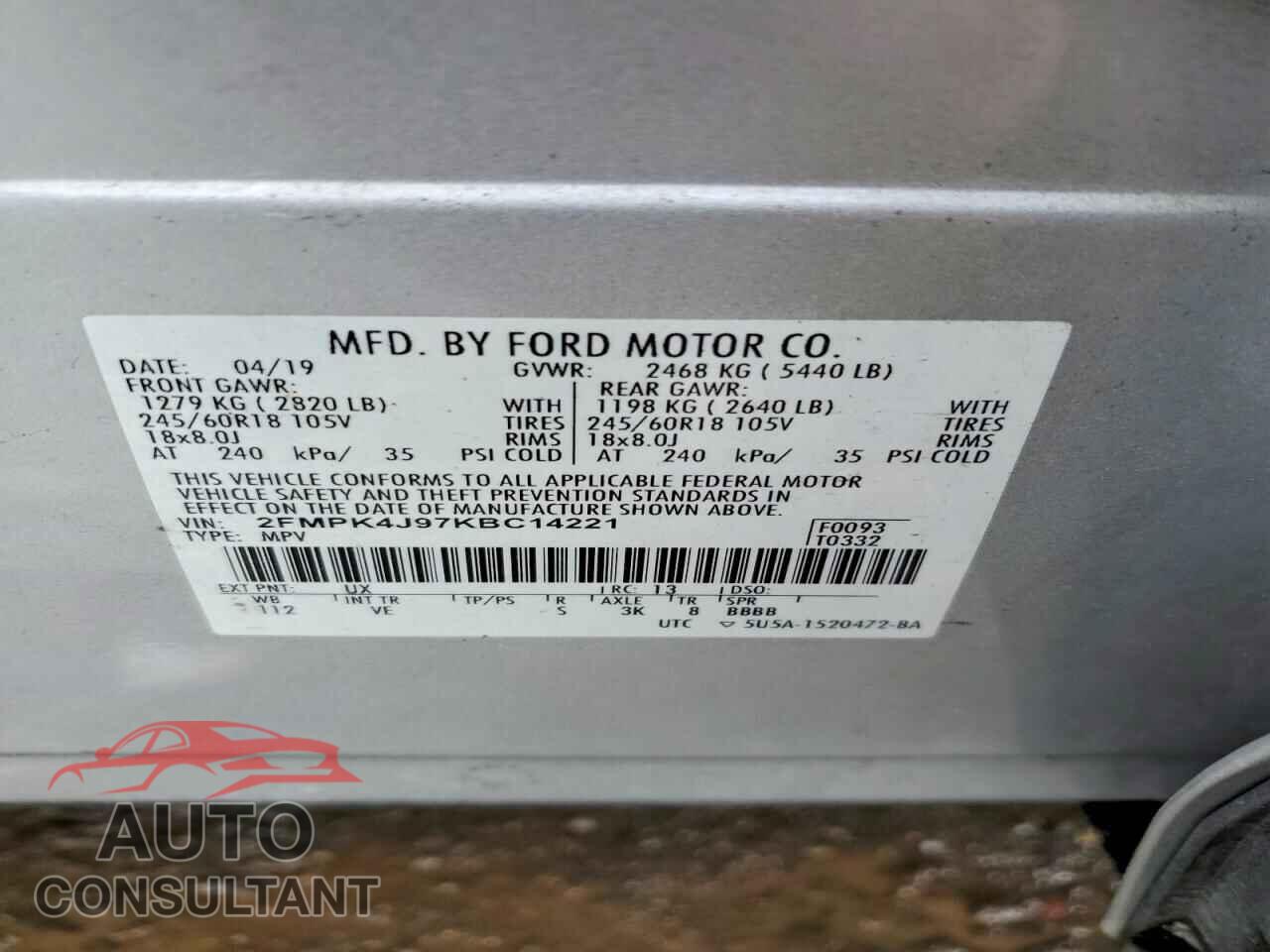 FORD EDGE 2019 - 2FMPK4J97KBC14221