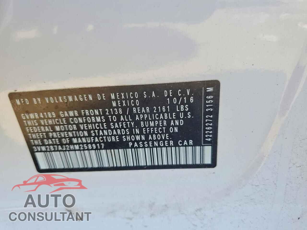 VOLKSWAGEN JETTA 2017 - 3VW2B7AJ2HM258917