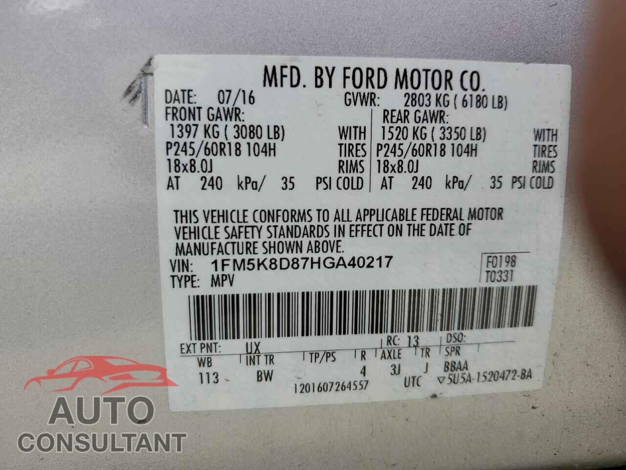 FORD EXPLORER 2017 - 1FM5K8D87HGA40217