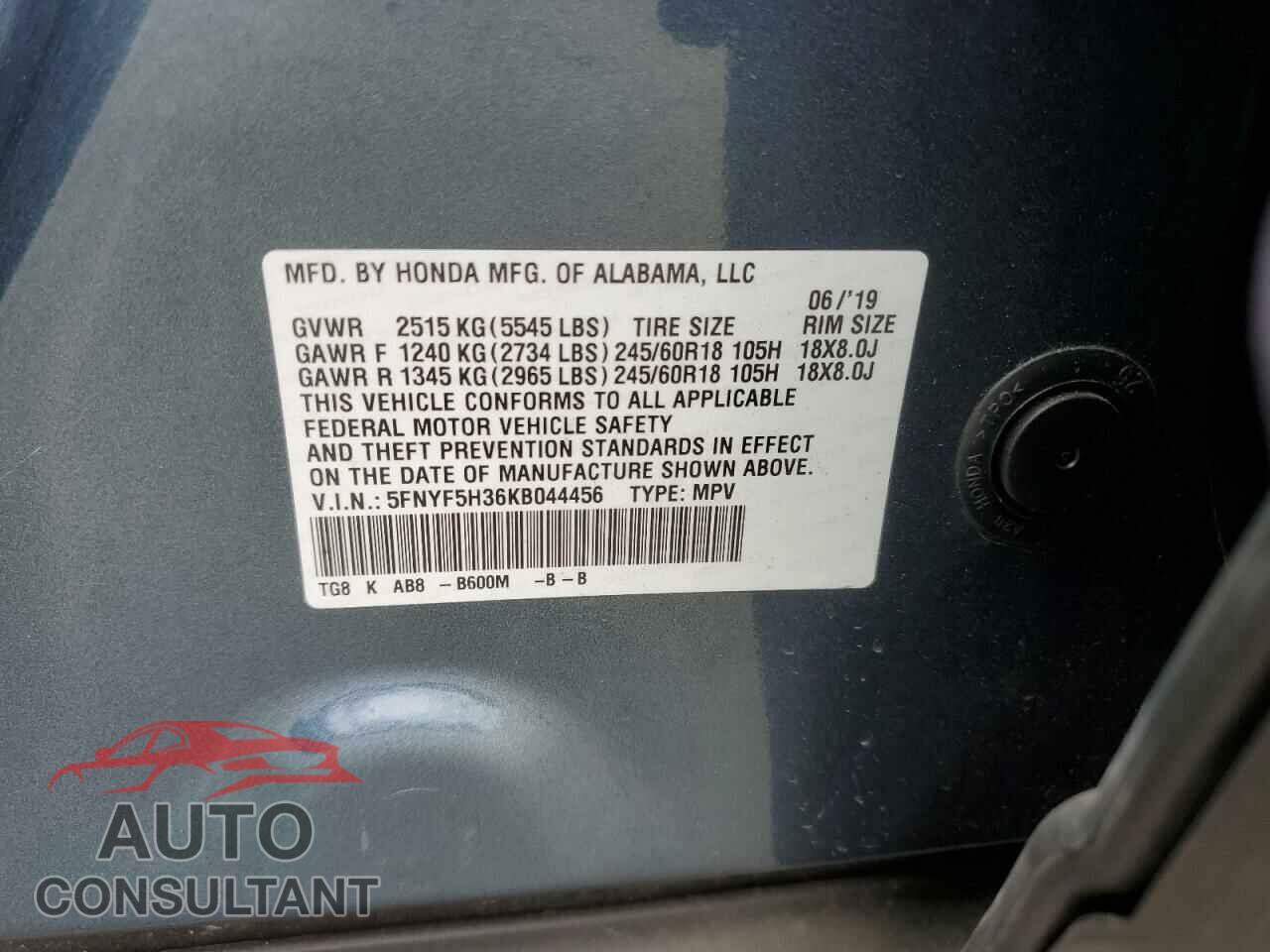 HONDA PILOT 2019 - 5FNYF5H36KB044456