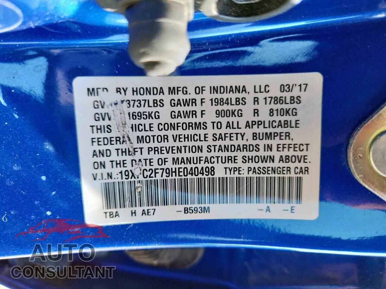 HONDA CIVIC 2017 - 19XFC2F79HE040498