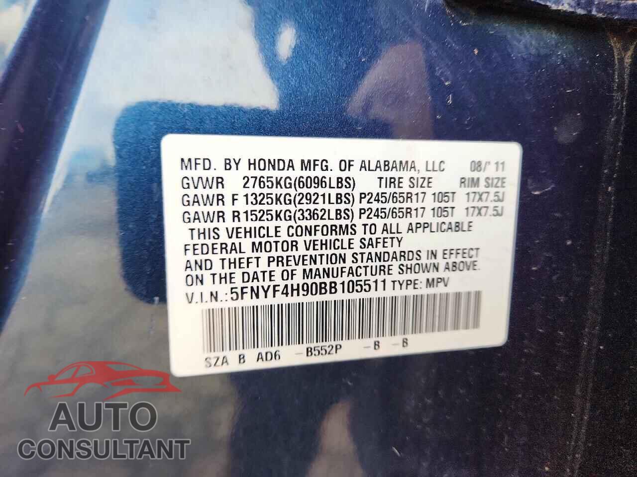 HONDA PILOT 2011 - 5FNYF4H90BB105511