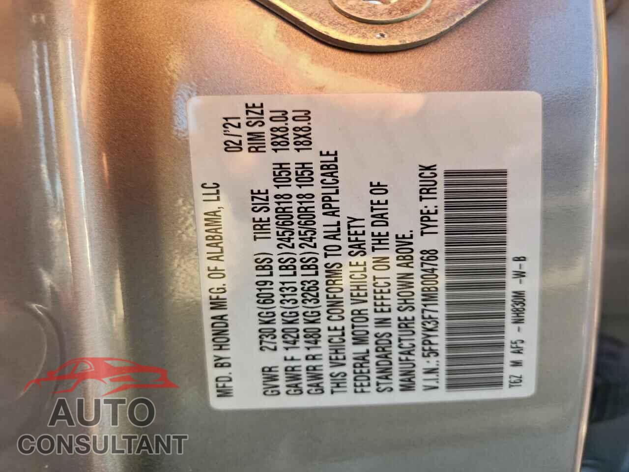 HONDA RIDGELINE 2021 - 5FPYK3F71MB004768