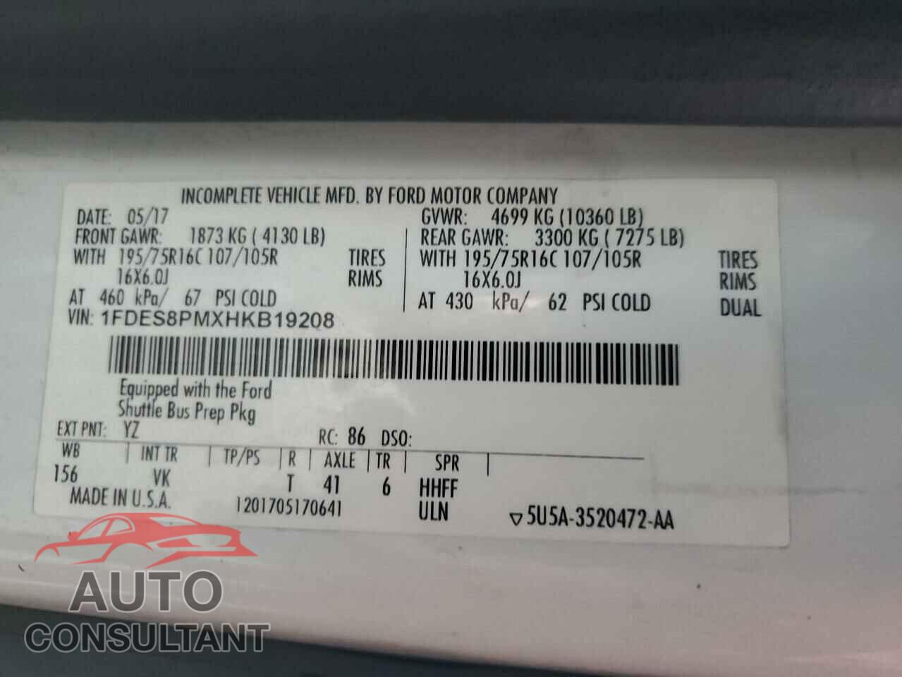 FORD TRANSIT 2017 - 1FDES8PMXHKB19208
