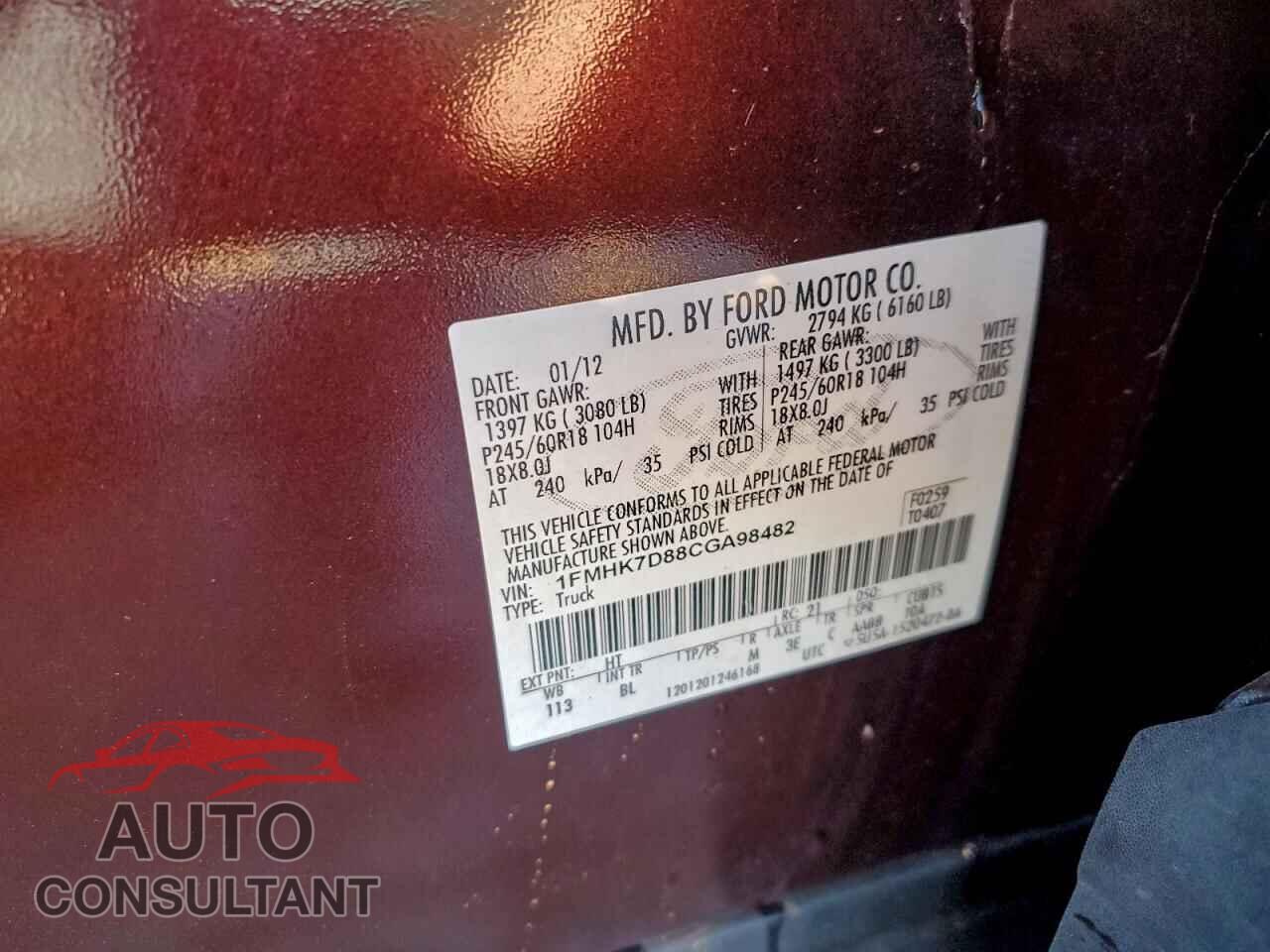FORD EXPLORER 2012 - 1FMHK7D88CGA98482