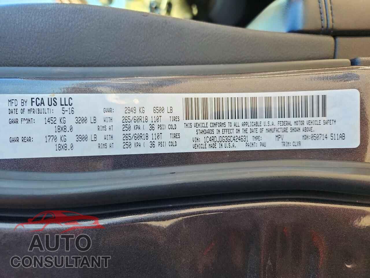 DODGE DURANGO 2016 - 1C4RDJDG3GC424631