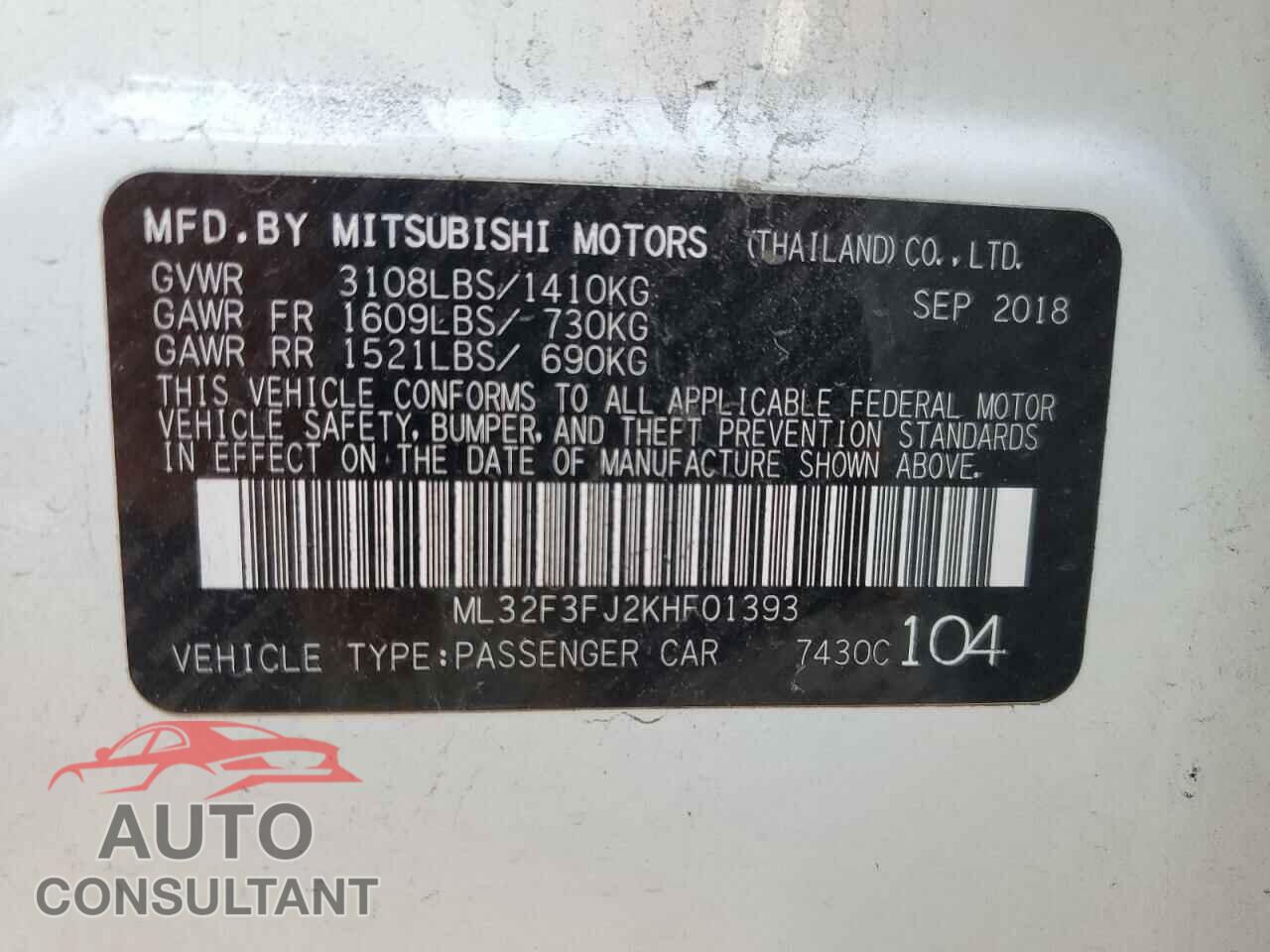 MITSUBISHI MIRAGE 2019 - ML32F3FJ2KHF01393