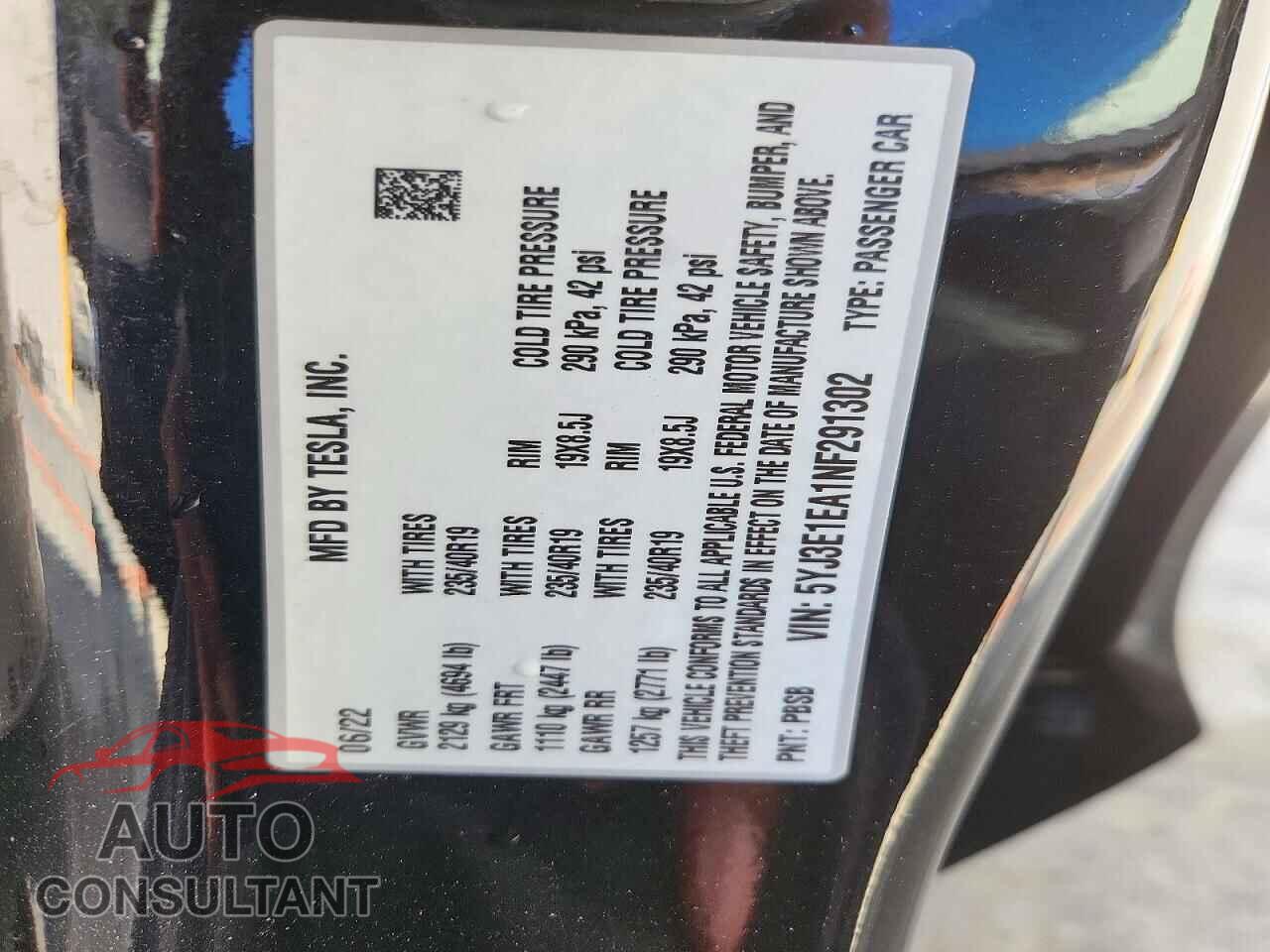 TESLA MODEL 3 2022 - 5YJ3E1EA1NF291302