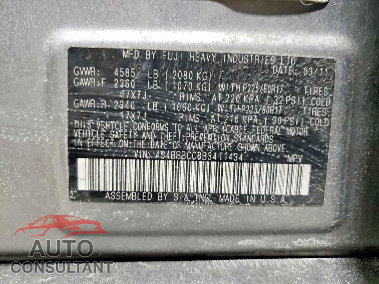 SUBARU OUTBACK 2011 - 4S4BRBCC8B3411434