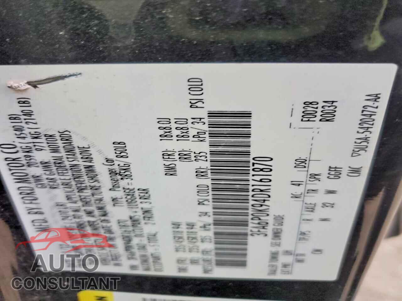 FORD FUSION 2013 - 3FA6P0K94DR161870