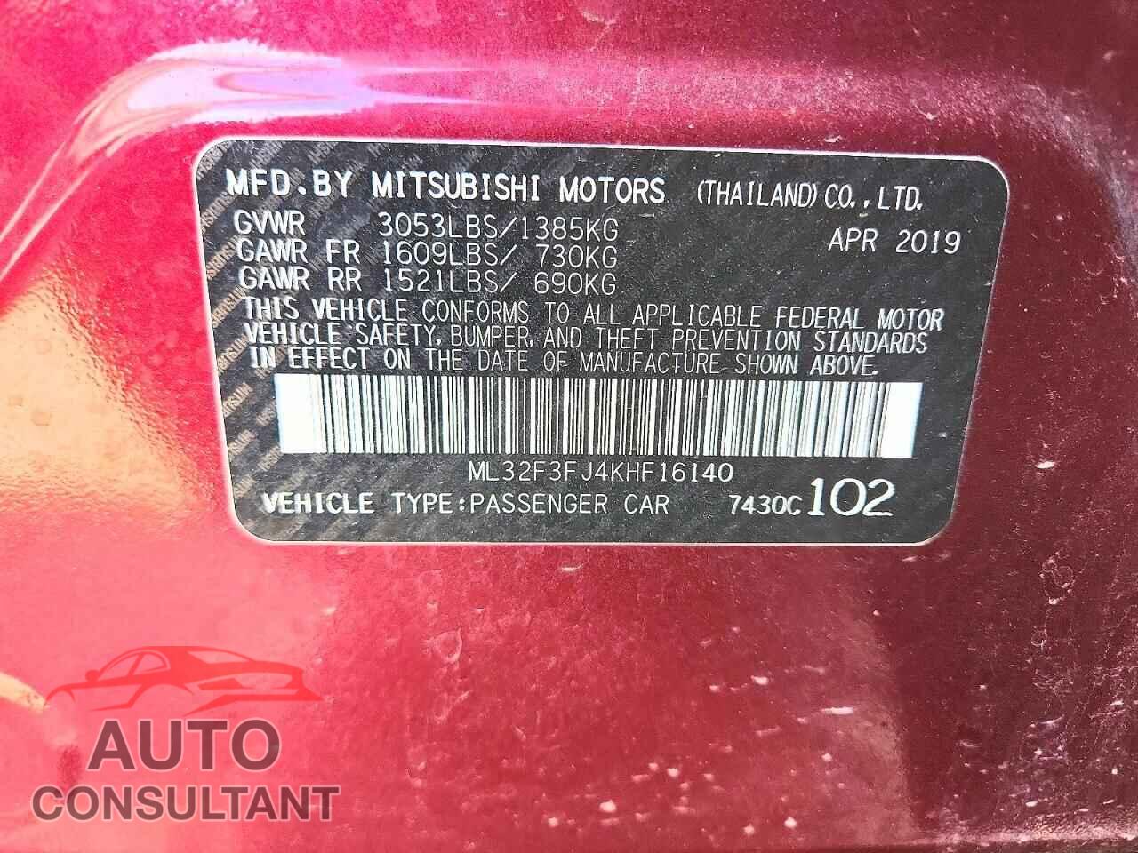 MITSUBISHI MIRAGE 2019 - ML32F3FJ4KHF16140