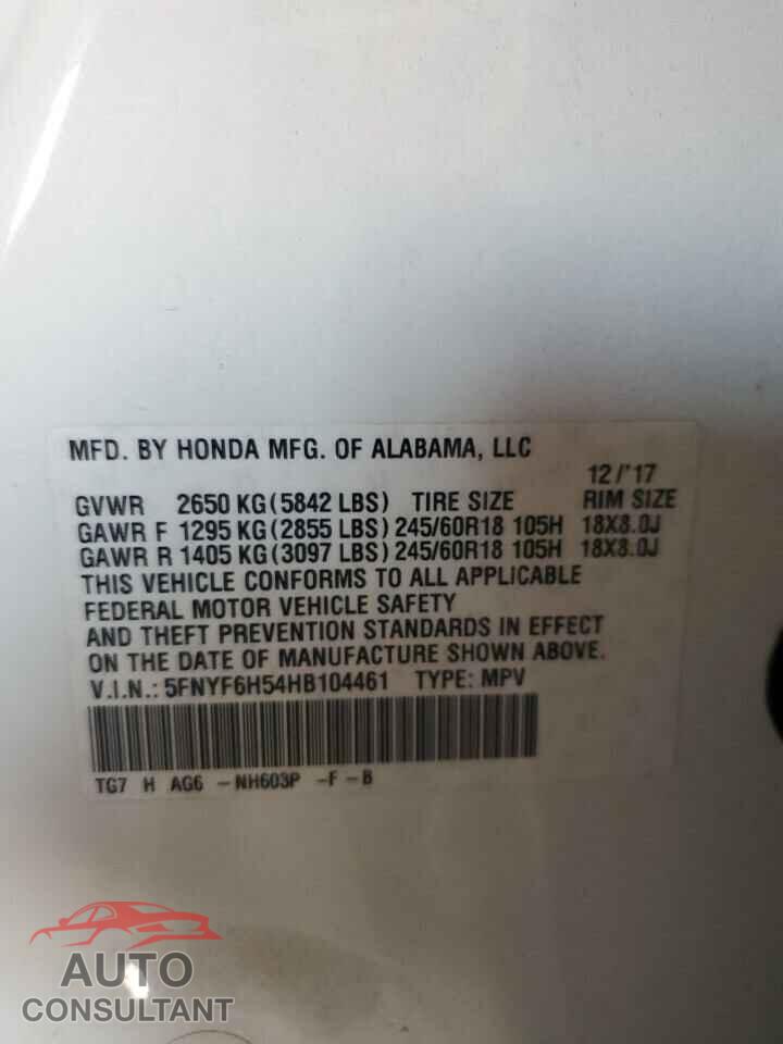 HONDA PILOT 2017 - 5FNYF6H54HB104461