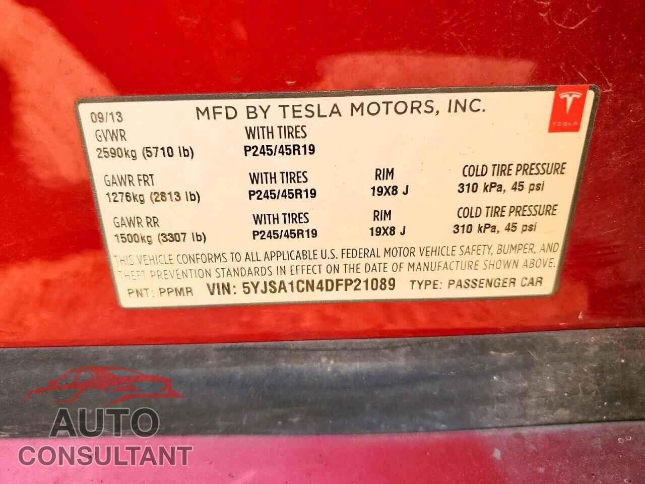 TESLA MODEL S 2013 - 5YJSA1CN4DFP21089