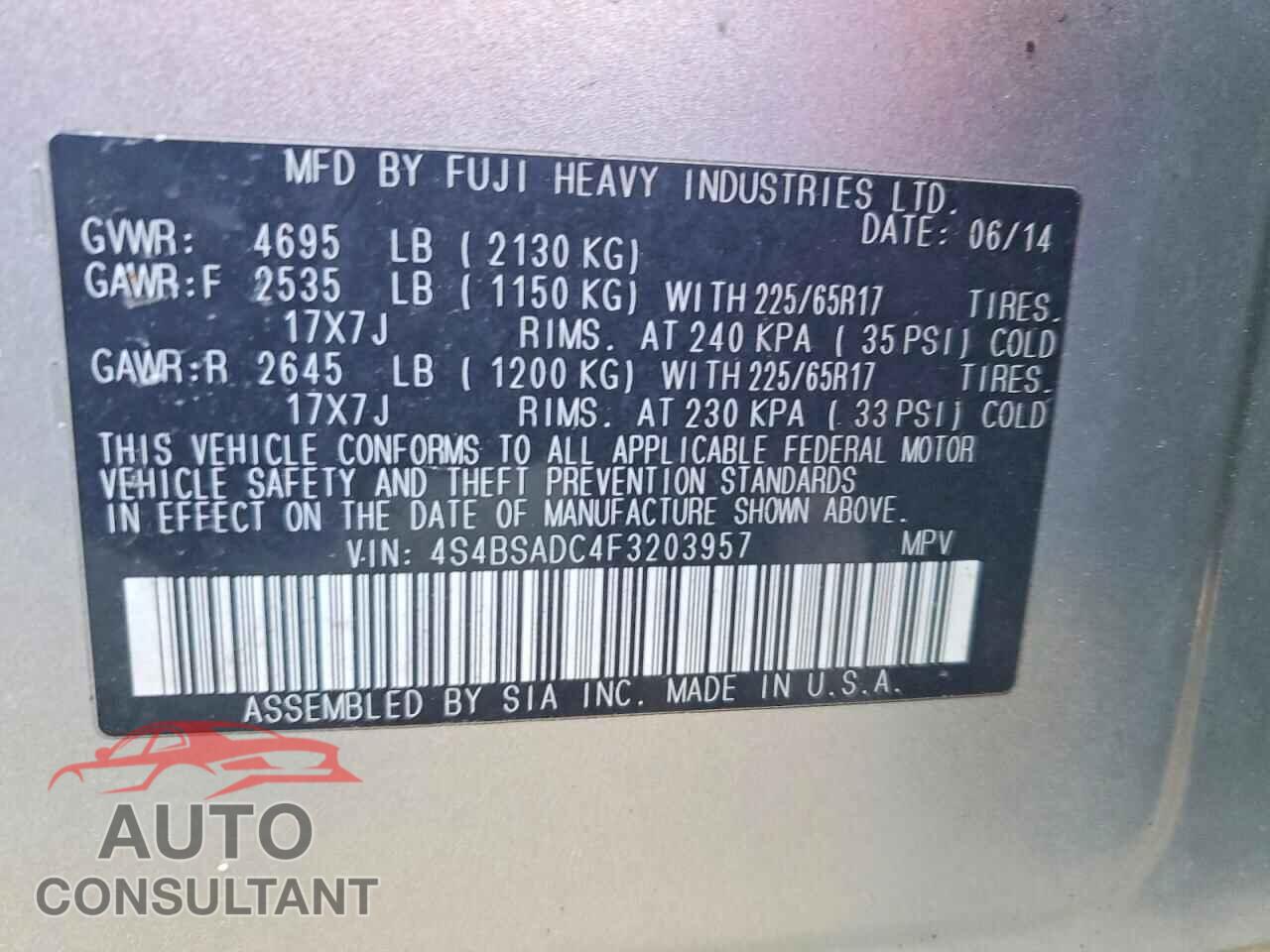 SUBARU OUTBACK 2015 - 4S4BSADC4F3203957