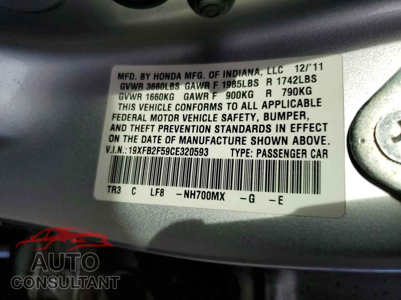 HONDA CIVIC 2012 - 19XFB2F59CE320593