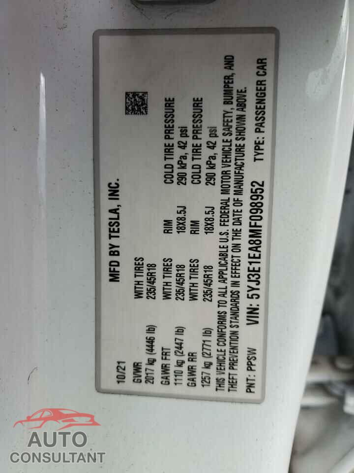 TESLA MODEL 3 2021 - 5YJ3E1EA8MF098952