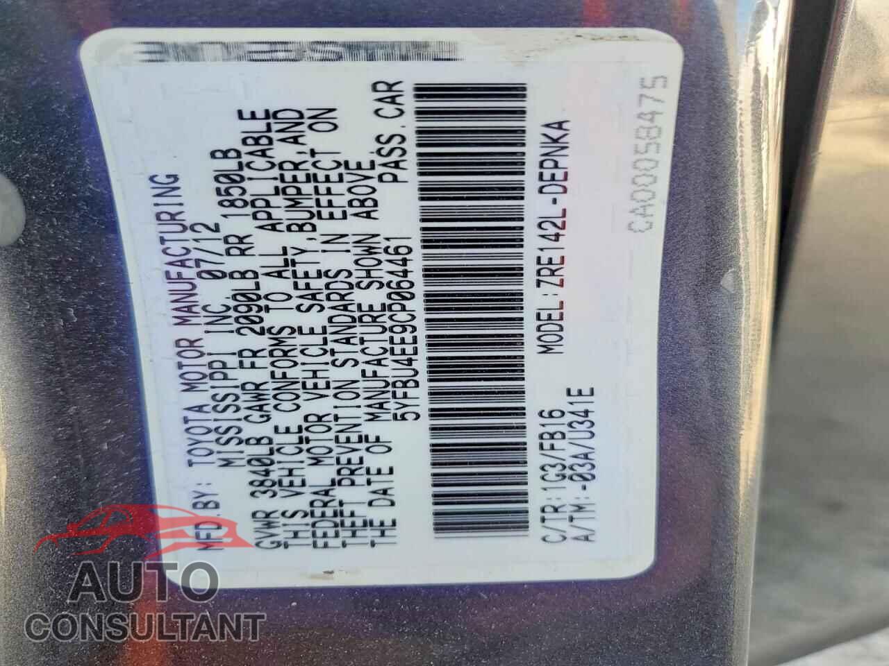TOYOTA COROLLA 2012 - 5YFBU4EE9CP064461