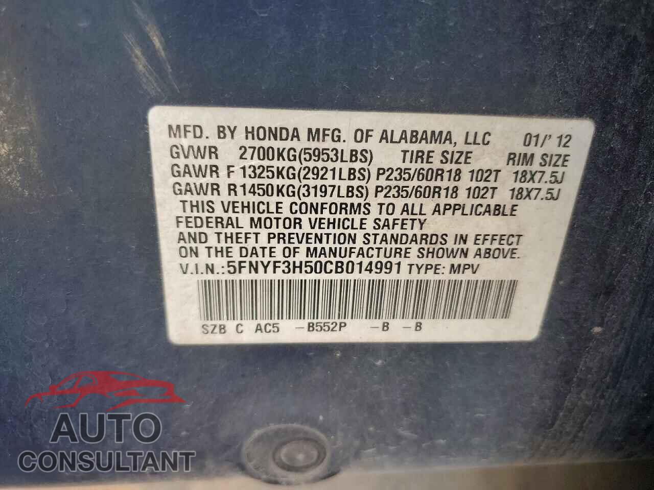 HONDA PILOT 2012 - 5FNYF3H50CB014991