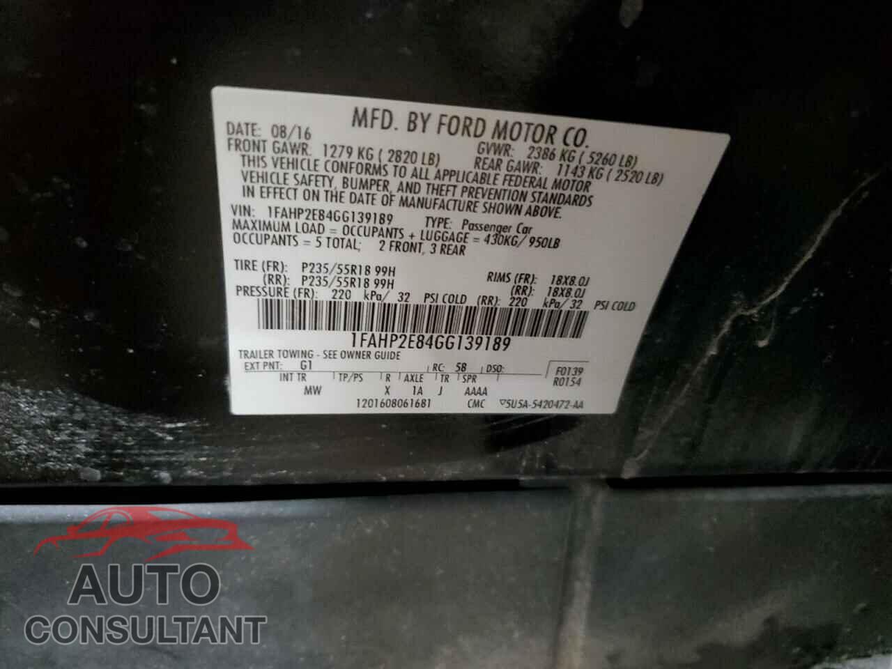 FORD TAURUS 2016 - 1FAHP2E84GG139189