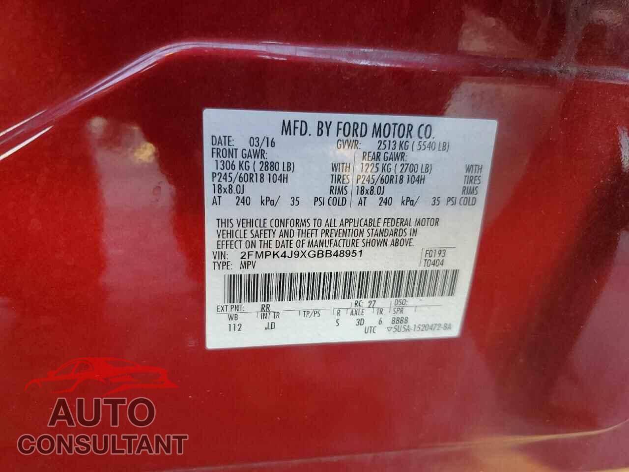 FORD EDGE 2016 - 2FMPK4J9XGBB48951