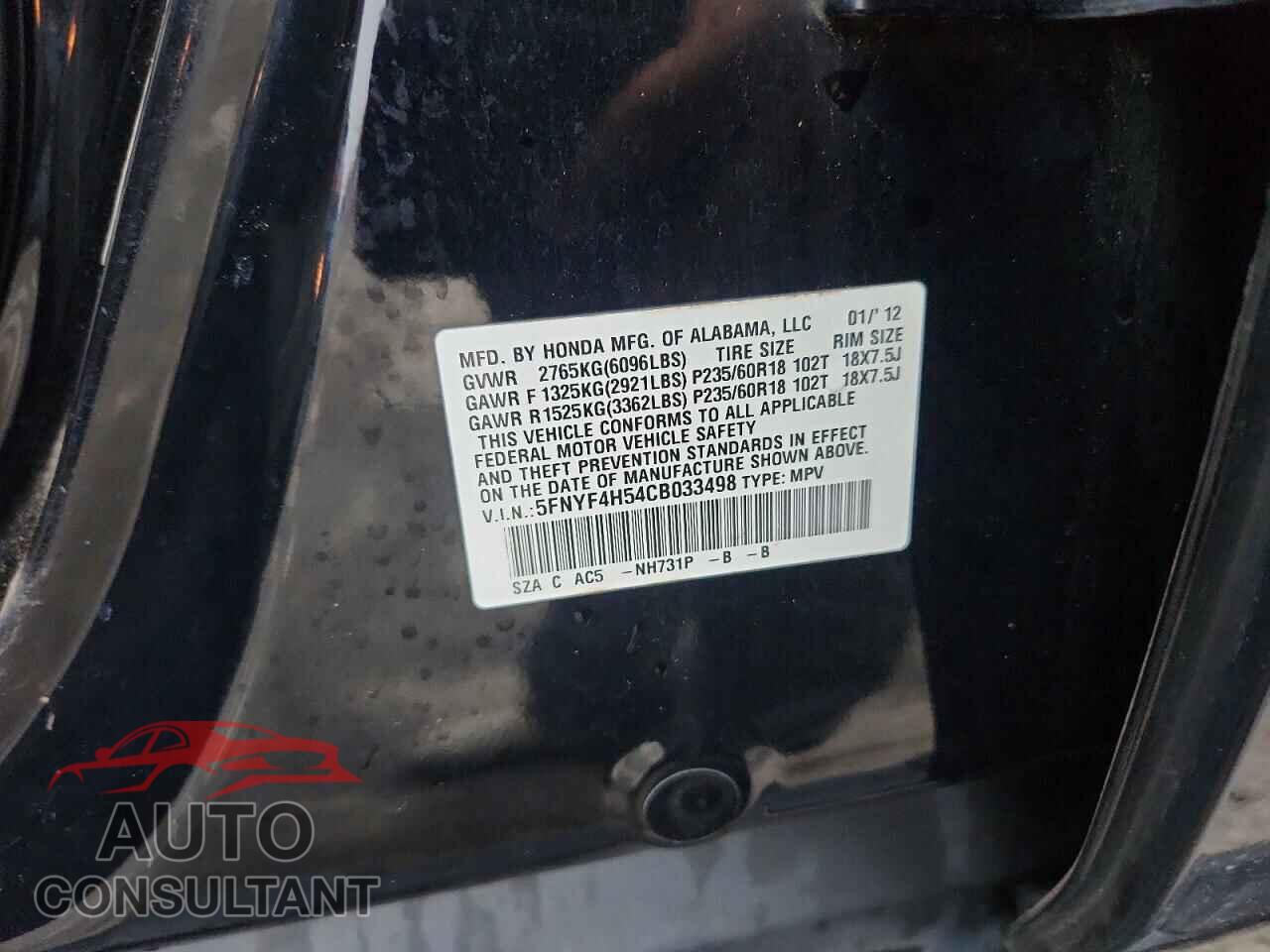 HONDA PILOT 2012 - 5FNYF4H54CB033498