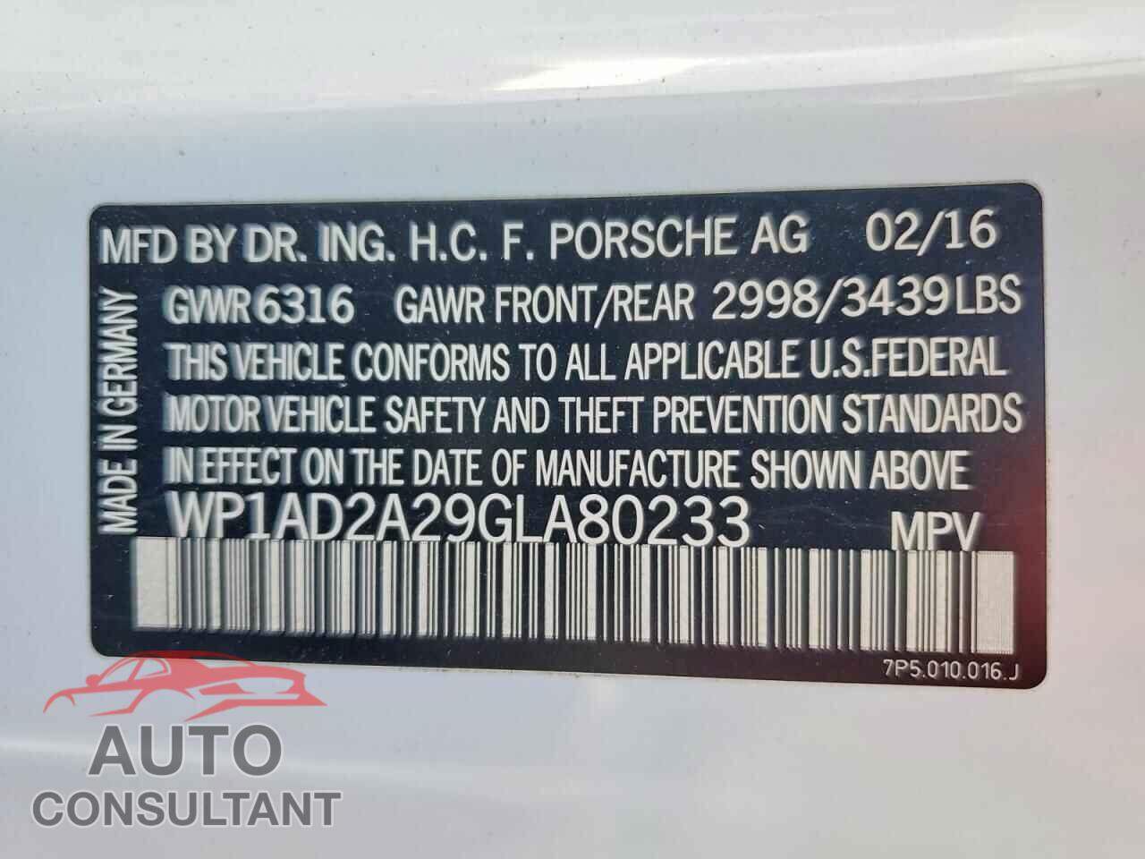 PORSCHE CAYENNE 2016 - WP1AD2A29GLA80233