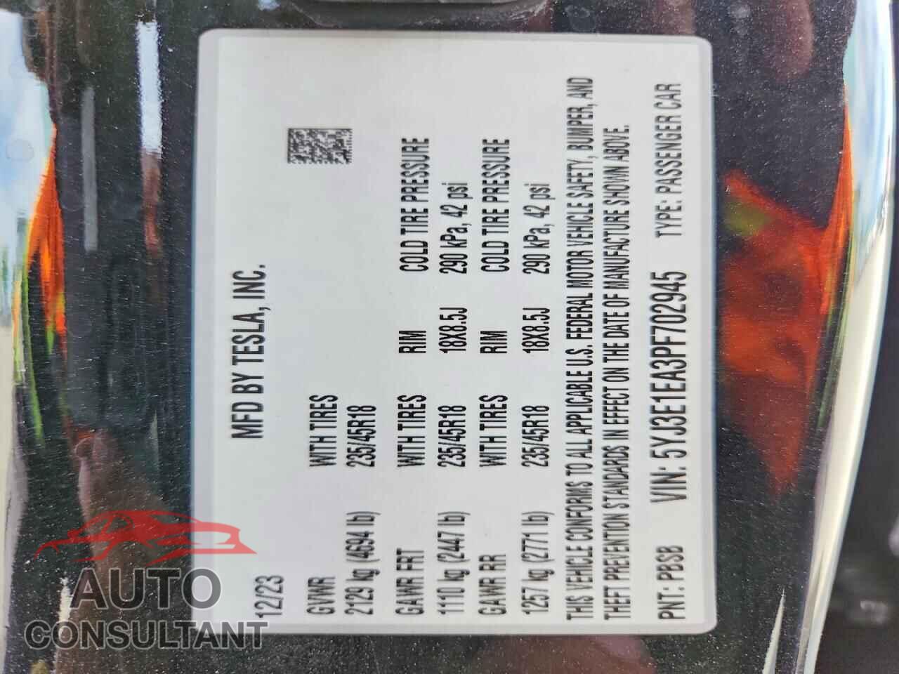 TESLA MODEL 3 2023 - 5YJ3E1EA3PF702945