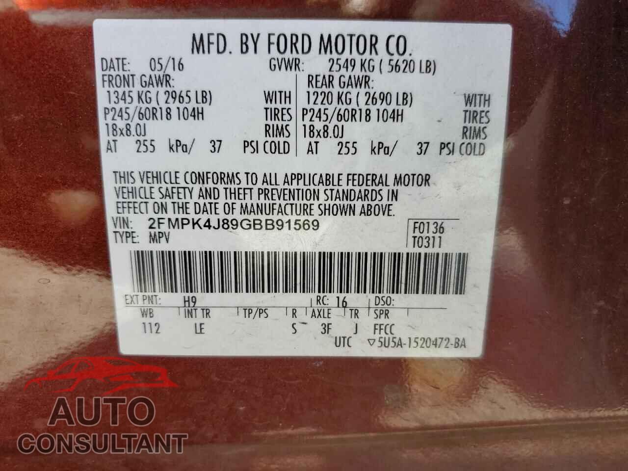 FORD EDGE 2016 - 2FMPK4J89GBB91569