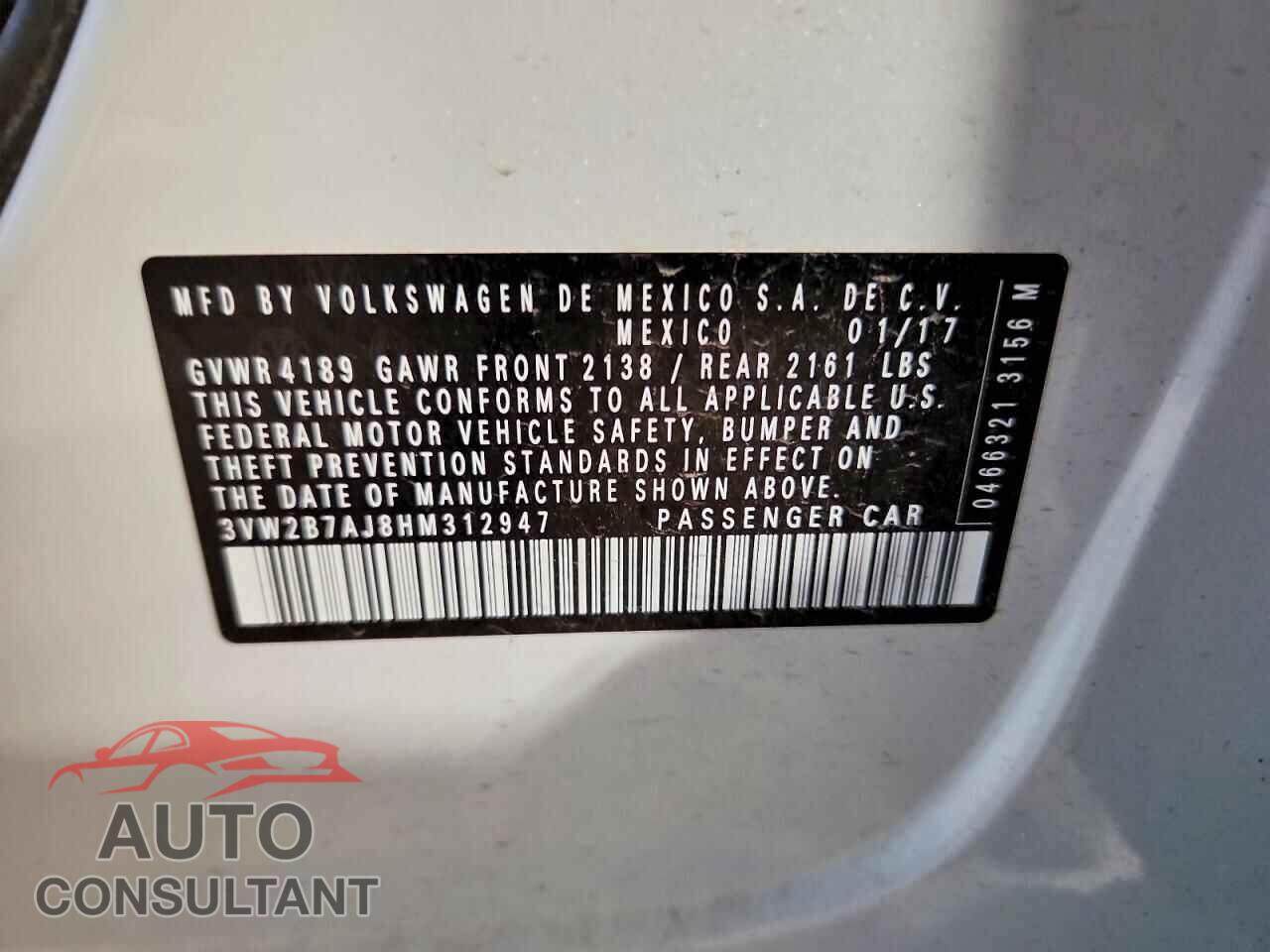 VOLKSWAGEN JETTA 2017 - 3VW2B7AJ8HM312947