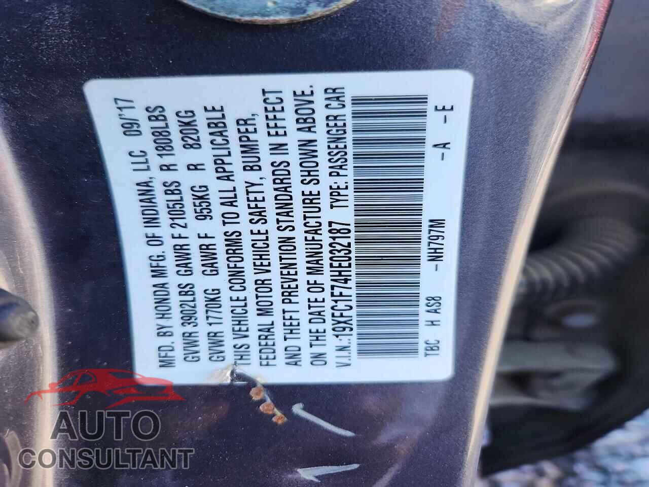 HONDA CIVIC 2017 - 19XFC1F74HE032187