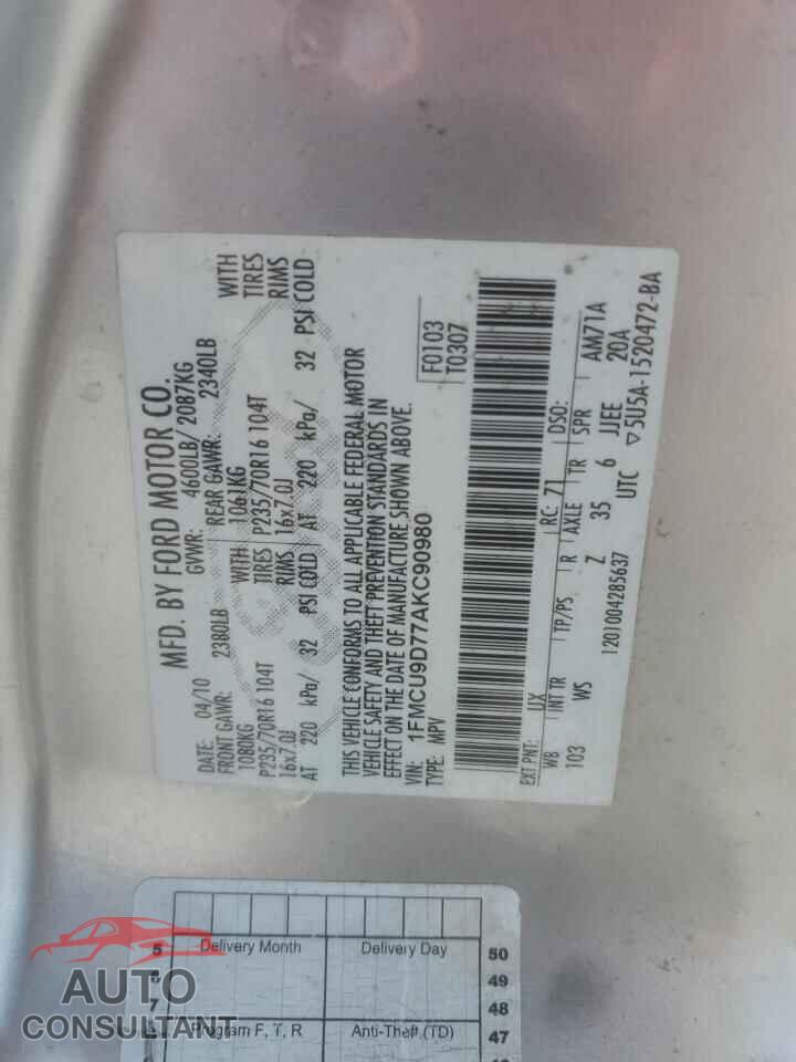 FORD ESCAPE 2010 - 1FMCU9D77AKC90980