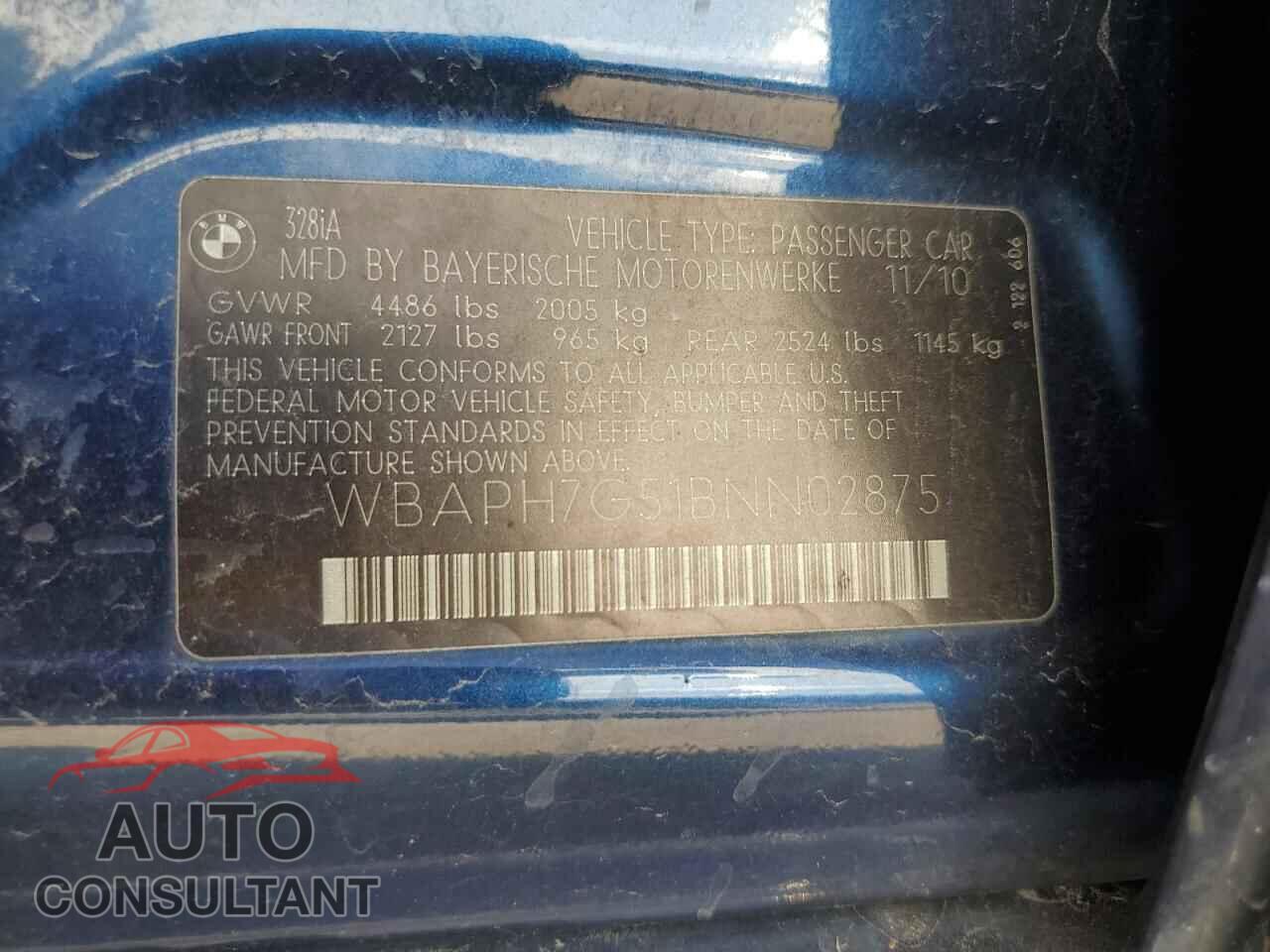 BMW 3 SERIES 2011 - WBAPH7G51BNN02875