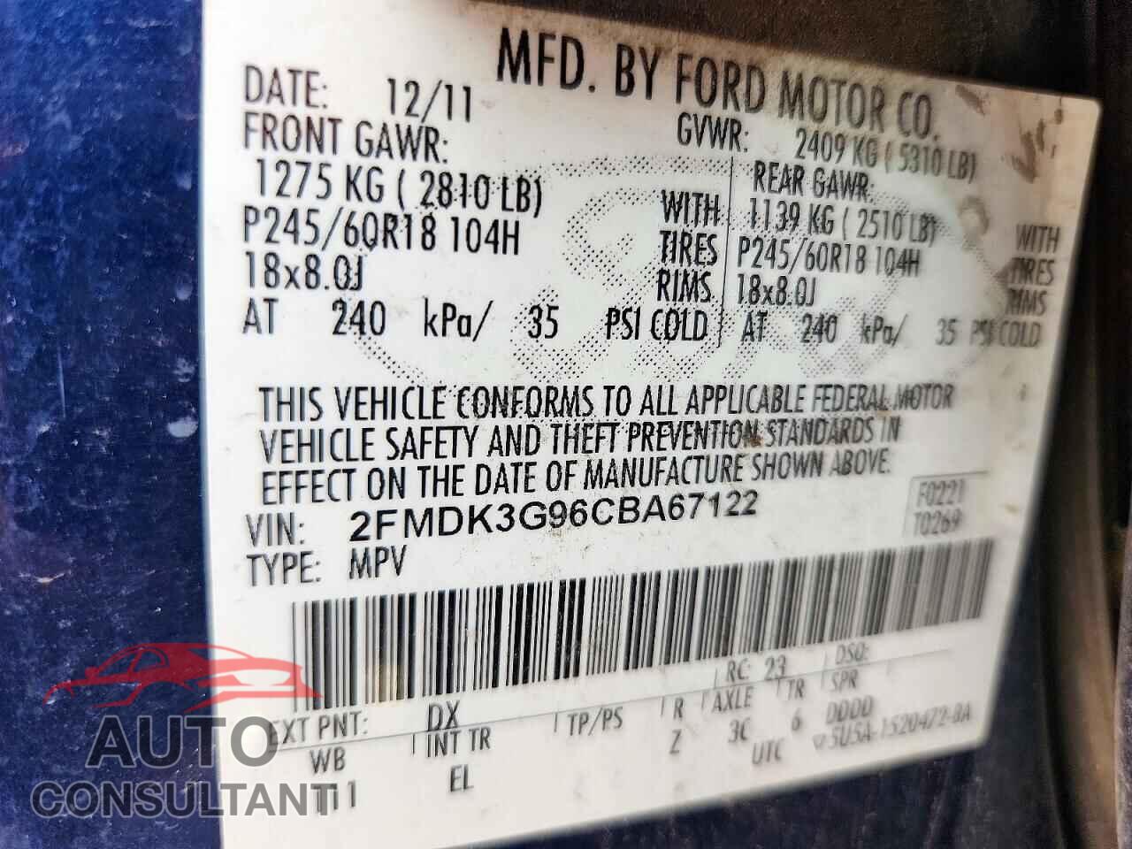 FORD EDGE 2012 - 2FMDK3G96CBA67122