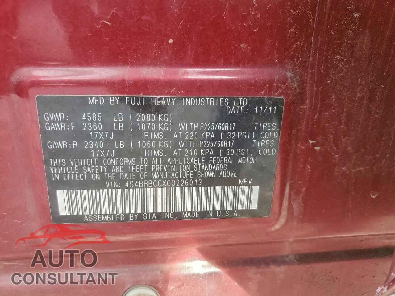 SUBARU OUTBACK 2012 - 4S4BRBCCXC3226013