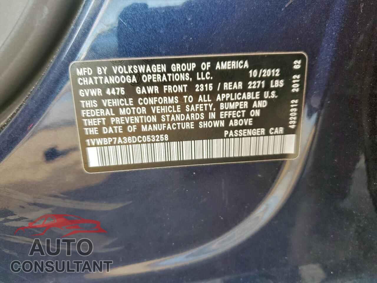 VOLKSWAGEN PASSAT 2013 - 1VWBP7A36DC053258