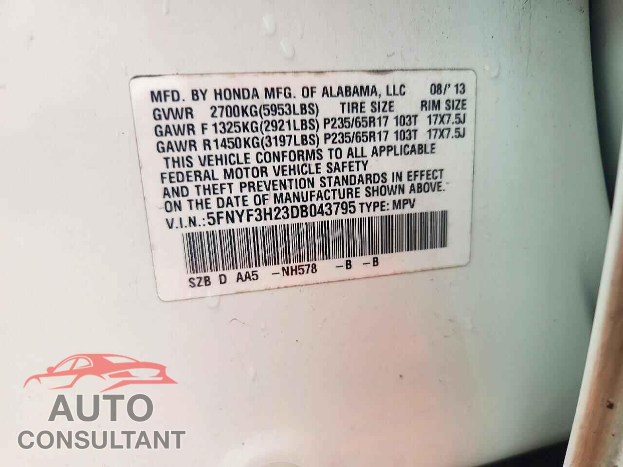 HONDA PILOT 2013 - 5FNYF3H23DB043795