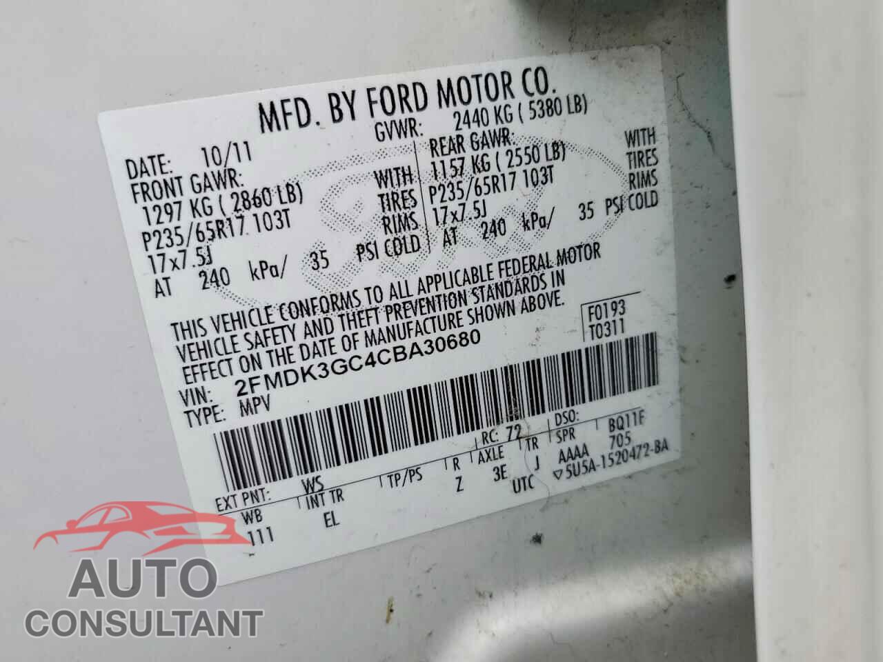 FORD EDGE 2012 - 2FMDK3GC4CBA30680