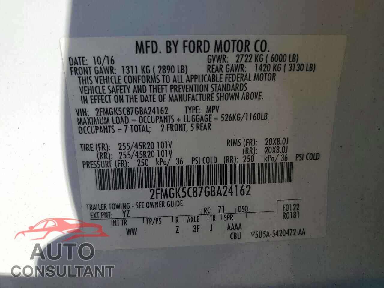 FORD FLEX 2016 - 2FMGK5C87GBA24162