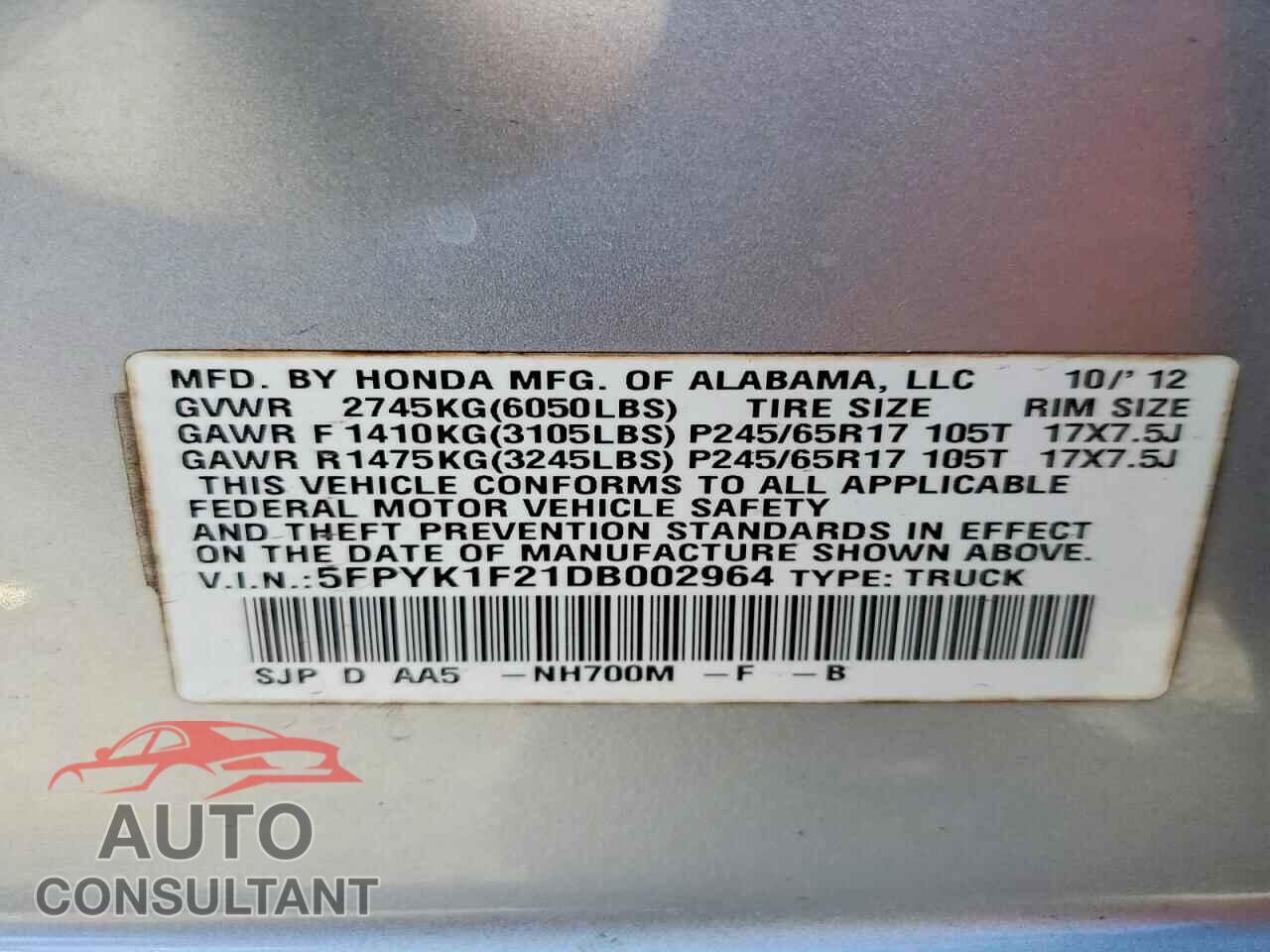HONDA RIDGELINE 2013 - 5FPYK1F21DB002964