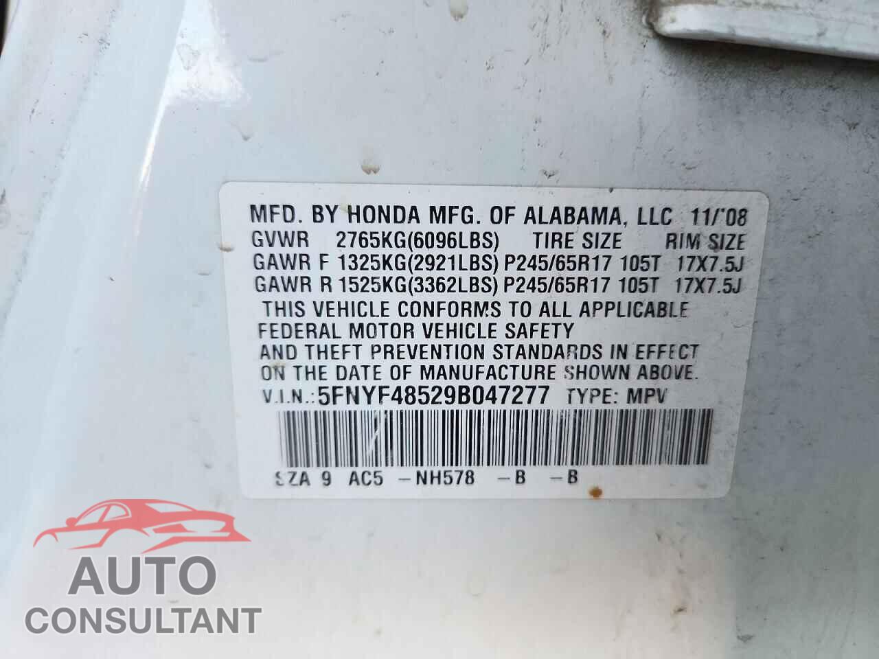 HONDA PILOT 2009 - 5FNYF48529B047277